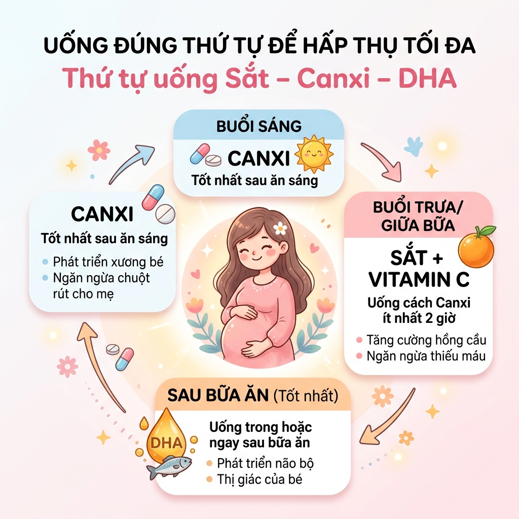 lịch uống sắt canxi dha trong ngày cho bà bầu