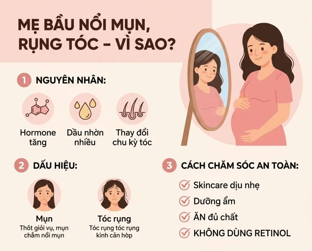 Thay đổi nội tiết: Tại sao da mẹ nổi mụn và tóc rụng?