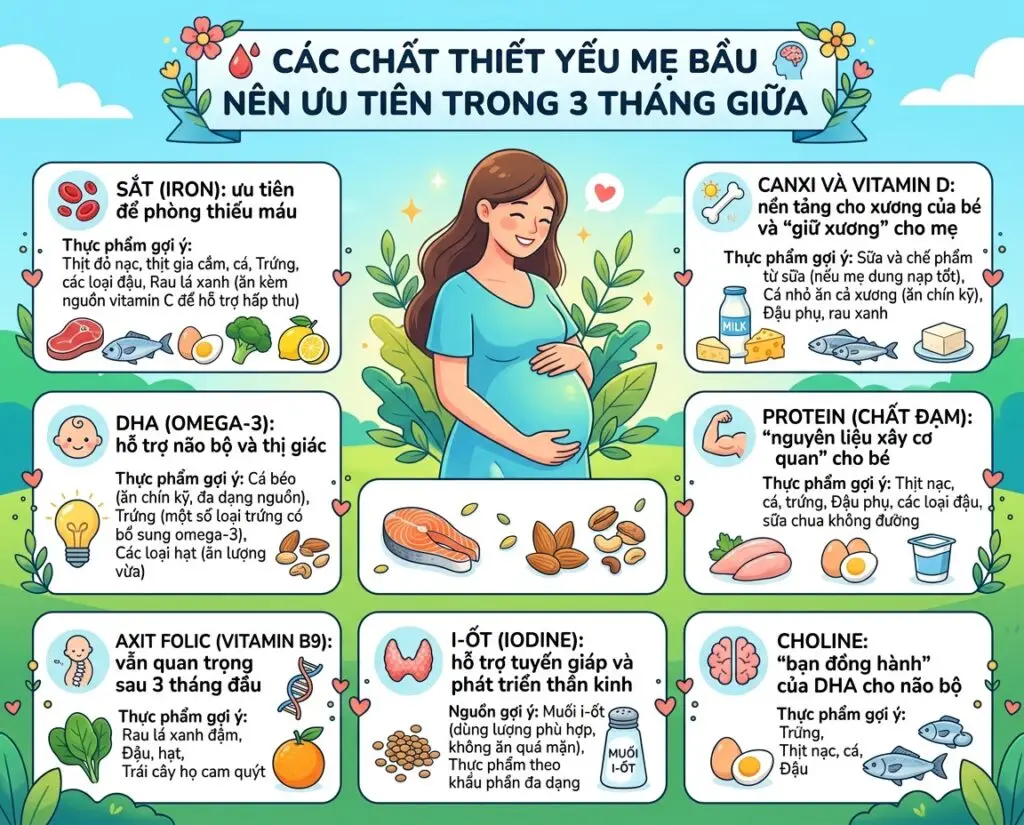 Các chất thiết yếu mẹ bầu cần bổ sung cho con trong 3 tháng giữa thai kỳ (tuần 14 đến 27)